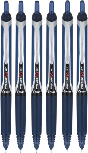 PILOT Precise V5 RT - Bolígrafos de tinta líquida recargables y retráctiles, punta extrafina (0.020 in), tinta azul marino, paquete de 6