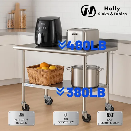 Miniatura 5 de Mesa de acero inoxidable para preparación y trabajo, con ruedas giratorias, mesa resistente, comercial NSF, con estante inferior y protector