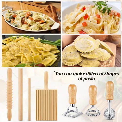 Miniatura 5 de Tioncy Juego de 7 piezas de herramientas para hacer pasta con tabla de gnocchi de madera, sello para raviolis, fabricante de raviolis y rodillo