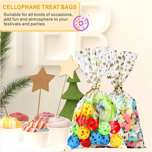 Miniatura 6 de 100 bolsas de celofán, bolsas de celofán transparente de 4 x 6 pulgadas, 100 lazos dorados, para galletas, chocolate, panadería, recuerdos