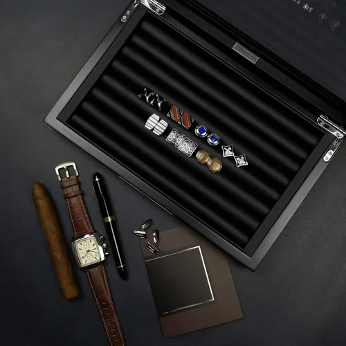 Miniatura 4 de Caja de gemelos de madera con ventana de cristal para gemelos, organizador de anillos y caja de gemelos para hombres con capacidad para 36-46 pares