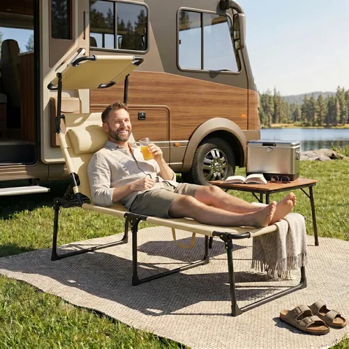 Miniatura 7 de Outsunny Sillón para exteriores, respaldo ajustable, tumbona plegable, silla de bronceado acolchada con techo parasol y reposacabezas de almohada