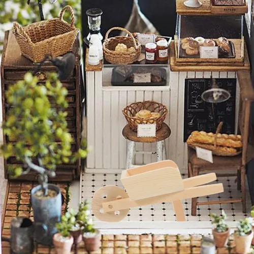 Miniatura 8 de jojofuny Modelo de carretilla de madera pequeña, carrito en miniatura para casa de muñecas, jardín de hadas y decoración del hogar, diseño ligero