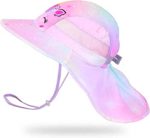 Miniatura 30 de Sombrero de sol para niños, protección UV, unicornio, verano, playa, jugar con ala ancha, solapa para el cuello para niñas y niños