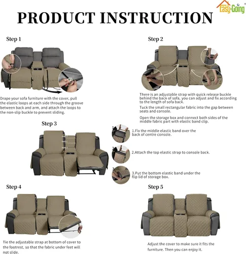 Miniatura 7 de Easy-Going Funda de sofá reclinable antideslizante con consola, resistente al agua, funda de sofá reclinable doble con correa ajustable, funda Beige