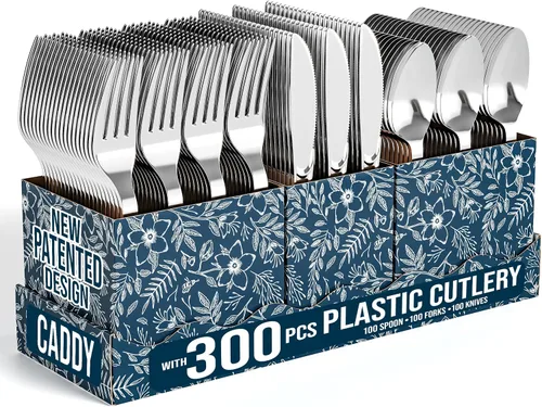 Exquisite Juego de cubiertos de plástico plateado resistente, 300 unidades, para fiestas, soporte para utensilios para encimera de cocina, 100
