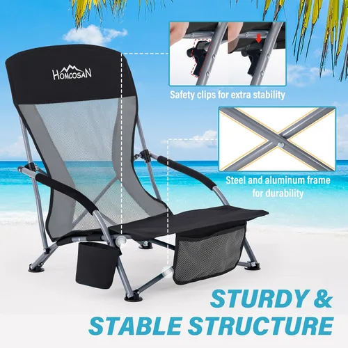 Miniatura 5 de Homcosan Silla de playa portátil baja plegable con paraguas desmontable, silla de campamento ligera para adultos con portavasos y bolsillo