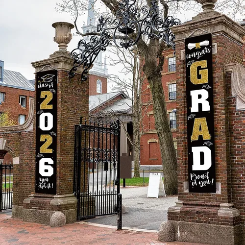 Miniatura 5 de Decoraciones de graduación 2026, cartel de porche negro dorado para clase de 2026, suministros de fiesta de graduados