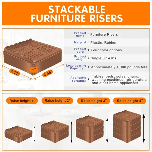 Miniatura 2 de shouwuhho Elevadores de muebles, paquete de 4 elevadores de cama con agarre antideslizante y soporte resistente, elevación de 1 pulgada, 2 pulgadas
