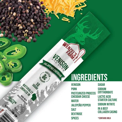 Miniatura 5 de Wenzel's Farm Paquete de 8 palitos de venado cheddar de jalapeño Sabrosos, ahumados naturalmente │ Alto en proteínas, bajo en carbohidratos │ Sin