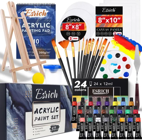 Juego de pintura acrílica, 57 piezas de suministros de pintura profesional con pinceles, pintura acrílica, caballete, lienzos, almohadillas de