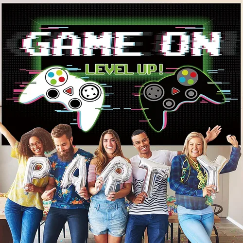 Miniatura 5 de Telón de fondo de videojuegos de 7 x 5 pies, accesorios de fotografía de juego sobre fondo, pancarta de fotos de feliz cumpleaños para fanáticos
