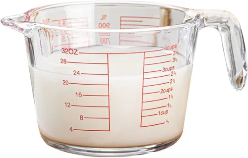 Taza métrica de vidrio templado extragrande – Incrementos rojos intensos – 32 onzas – 4 tazas o 1000 litros – 10 DL multiusos, ingredientes líquidos