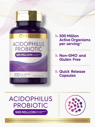 Miniatura 4 de Carlyle Acidophilus Cápsulas probióticas para mujeres y hombres 500 millones de UFC 200 píldoras Suplemento Lactobacillus Sin OMG y sin