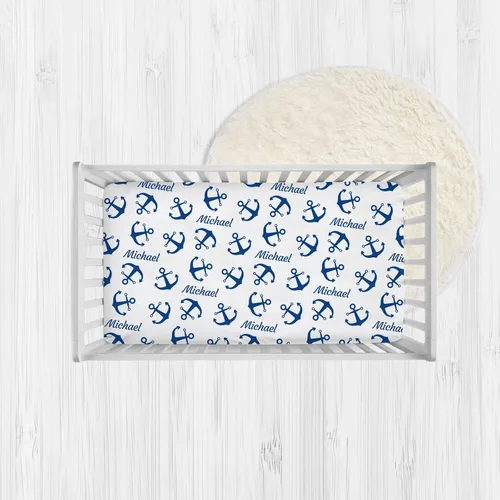 Miniatura 2 de Sábana bajera personalizada para cuna de bebé con nombre náutico – Ropa de cama ajustable azul marino personalizada para niños y niñas, paquete