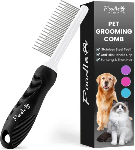POODLIE Peines para mascotas Poodle para perros para aseo de enredos - Peine de metal para perros con dientes de acero inoxidable largos y cortos -