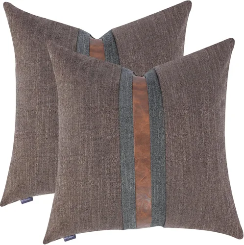 Miniatura 12 de Juego de 2 fundas de almohadas decorativas de cuero, decoración de exteriores, lino con parches, almohadas de cuero sintético marrón, funda