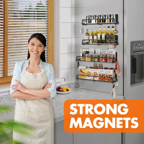 Miniatura 7 de SUNALLY Estante magnético para especias para refrigerador, estante magnético para nevera con ganchos, estante organizador de especias