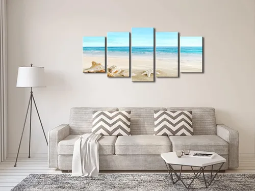 Miniatura 4 de Pyradecor, paisaje de playa en 5 paneles, lienzo Giclee de paisaje marino, impreso en lienzo moderno, tensado y encuadrado, arte para pared