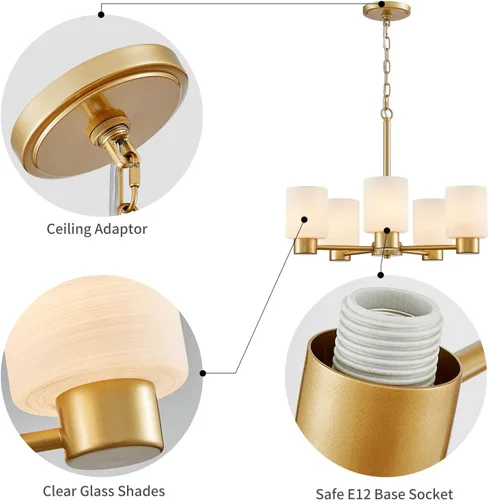Miniatura 3 de WUZUPS Lámpara colgante de 5 luces, pantalla de vidrio blanco esmerilado con iluminación de techo de grano, elegante accesorio moderno para baño
