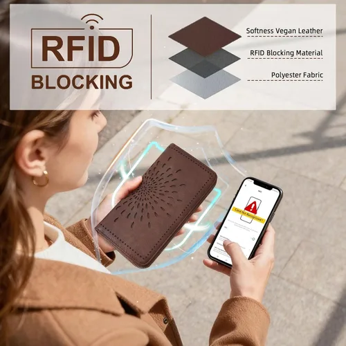 Miniatura 4 de APHISON Billetera para mujer, gran capacidad, monedero, tarjetero, RFID, pulsera, teléfono, cremallera, moneda, bolsillo de viaje