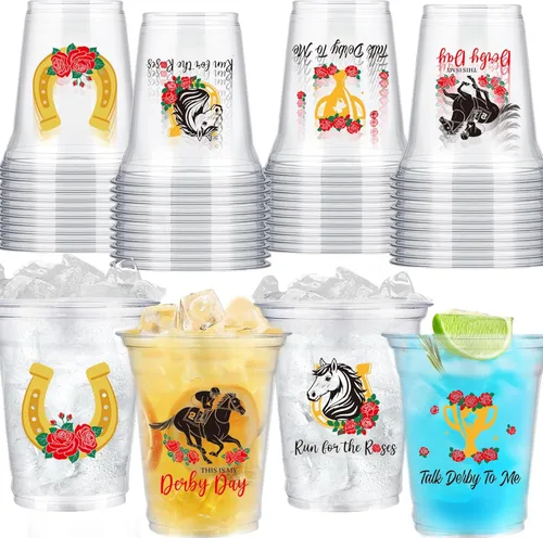 Paquete de 50 vasos de plástico Derby, 12 onzas de Kentucky Horse Racing transparentes a granel desechables para decoración de suministros de fiesta