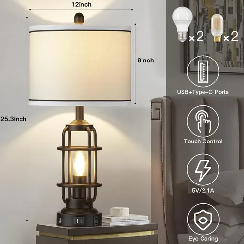 Miniatura 2 de Modern Table Lamps Set of 2, Industrial 3-Way Dimmable Bedside Lamp with USB A+C Ports & AC Outlet, 25" Touch Control Nightstand Lamp LED Night