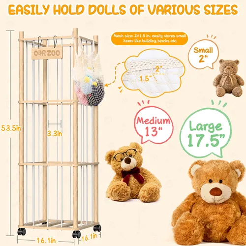Miniatura 2 de Organizador de almacenamiento de animales de peluche, soporte de zoológico de juguetes de madera con ruedas, torre de almacenamiento de gran
