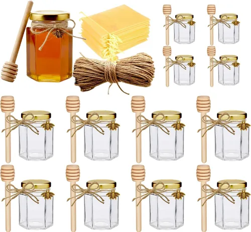 Miniatura 14 de Adabocute Mini tarros de miel – Tarro hexagonal de miel de vidrio con tapas doradas, cubos de madera, abalorios de abeja y yutes – Pequeños tarros