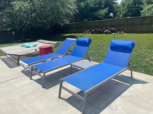Miniatura 2 de Domi - Juego de 3 sillas reclinables ajustables para exteriores, para todo tipo de clima, con mesa auxiliar para patio, piscina, patio (azul)