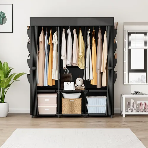 Miniatura 2 de Armario portátil para colgar ropa, perchero de gran capacidad con tapa, 3 varillas para colgar, 6 estantes y 8 bolsillos, armario fuerte y estable