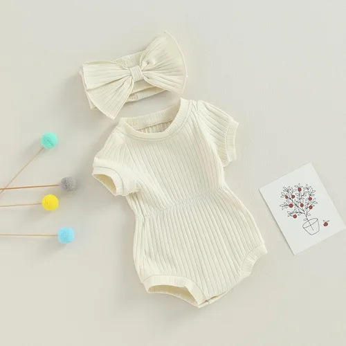 Miniatura 67 de Traje de verano para niña pequeña, de manga corta, acanalado, overol liso, pantalones cortos, ropa para recién nacidos