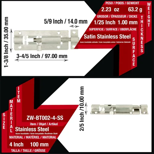 Miniatura 2 de BT002 - Cerradura de perno de barril de 4 pulgadas, cerradura de puerta gruesa de alta calidad, cerradura deslizante de acero inoxidable con 12