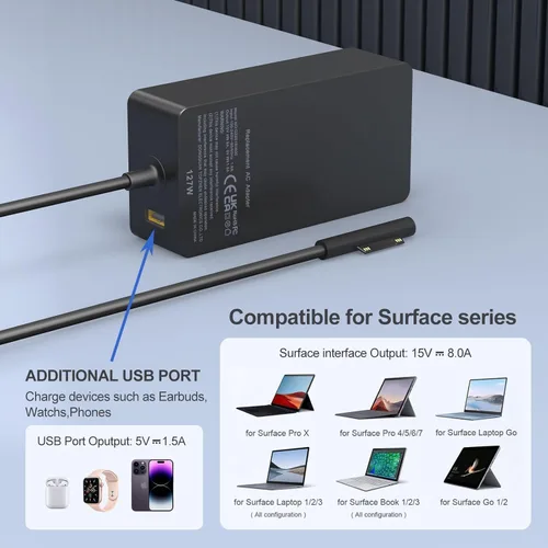 Miniatura 6 de Cargador Surface Pro de 127 W, Surface Book 3 Reemplazo del cargador para Microsoft Surface Book 3 2 1, Surface Pro X 9 8 7 6 5 4 3, Surface Laptop