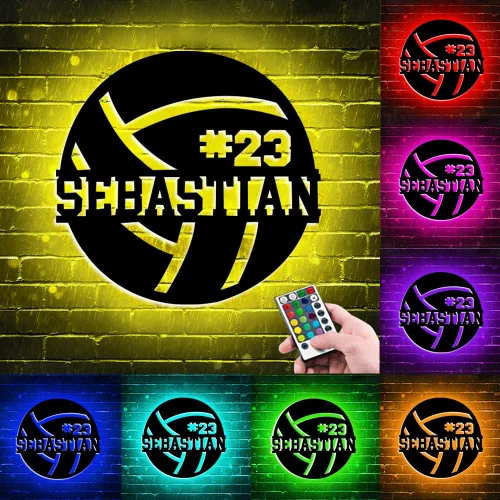 Decoración de pared personalizada de voleibol con 16 colores de luz LED, control remoto, nombre personalizado, letrero de neón, tema deportivo, arte