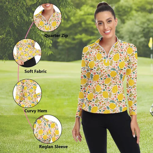 Miniatura 117 de WOWENY Camiseta deportiva de manga larga para mujer, con cremallera de un cuarto, cuello para entrenamiento, camiseta de tenis con estampado