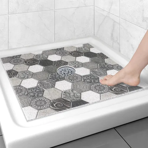 Miniatura 14 de Alfombrilla de ducha cuadrada antideslizante: 24 x 24 pulgadas para ducha interior con orificio de drenaje en el medio, tapete de ducha de masaje