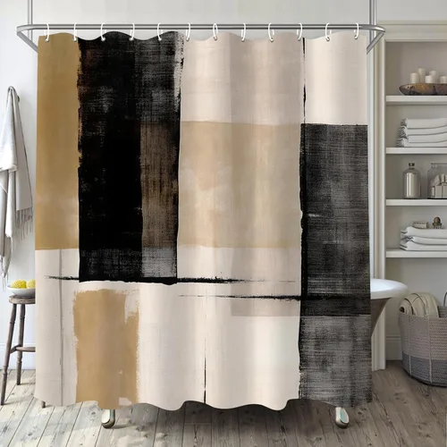 Cortina de ducha negra y beige para baño, juego de cortina de ducha boho blanco, marrón, beige y crema, pintura al óleo abstracta de tela moderna,