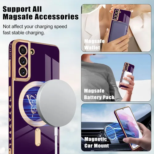 Miniatura 6 de Newseego Funda magnética para Samsung Galaxy S21 Plus 5G, bonita funda de lujo con borde chapado de mariposa para mujeres, niñas y hombres, TPU