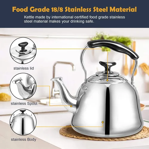 Miniatura 5 de Hervidor de Té para Estufa Silbante Clásico AMFOCUS, Hervidor de Té de Acero Inoxidable con Asa Plegable Resistente al Calor y Acabado Espejo, 2