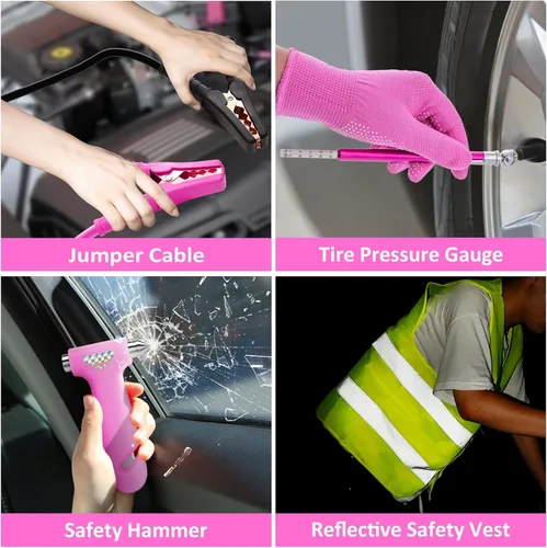 Miniatura 4 de Kit de seguridad en carretera para automóvil, 129 piezas, kit de asistencia lateral de emergencia de invierno, color rosa, kit esencial