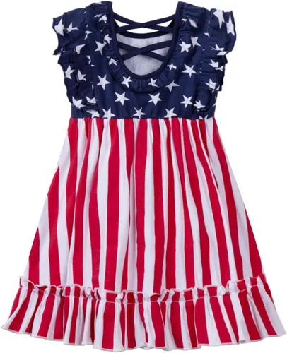 Miniatura 5 de Mud Kingdom Vestido para niñas del 4 de julio, lindo día de la independencia, bandera estadounidense, manga con volantes, vacaciones de verano