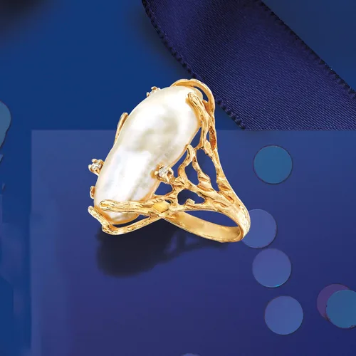 Miniatura 5 de Ross-Simons Anillo de perlas barrocas cultivadas de 0.394 x 0.945in con detalles de diamantes en oro amarillo de 14 quilates, Perla, multi