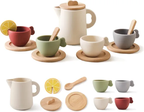 Miniatura 11 de Juego de té de madera Youuys para niños pequeños de 3 a 5 años, juegos de té para niñas pequeñas de 4 a 6 años, 14 piezas de accesorios de cocina