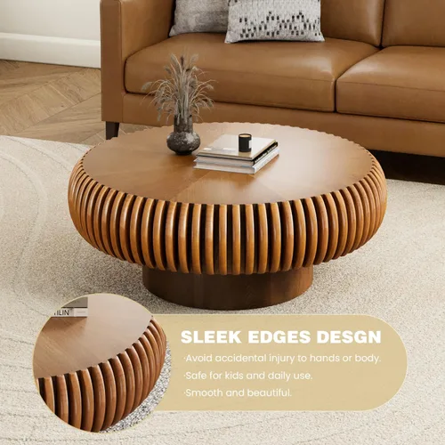 Miniatura 6 de Mesa de centro redonda acanalada de 31.5 pulgadas, moderna mesa de centro de madera para sala de estar, mesa central de alivio hecha a mano