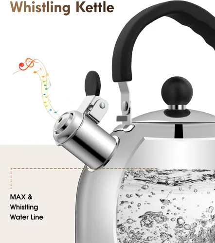 Miniatura 3 de Tetera para estufa - Tetera de acero inoxidable, hervidor de 2 litros para acampar, calefacción eficiente, silbato audible, mango seguro - hervidor