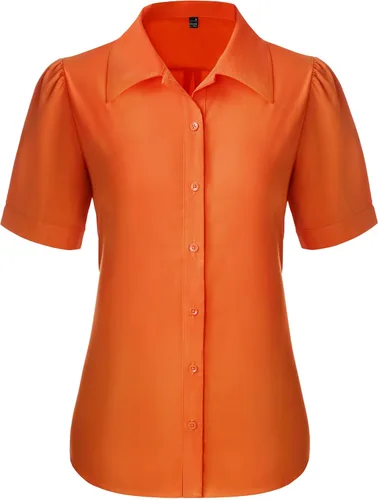 Miniatura 7 de Gleeivy Camisas de botones para mujer de manga corta abombada, camisas de vestir abotonadas con cuello ajustado, blusa superior de trabajo