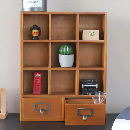 Miniatura 6 de Estante de almacenamiento de 9 cubos, estantería de madera, estante flotante, armario de almacenamiento de escritorio con 2 cajones de 13.1 pulgadas