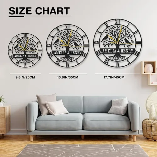 Miniatura 7 de Reloj de pared de metal personalizado, árbol de la vida, letrero de metal con nombre de familia, reloj rústico con número romano para sala de estar