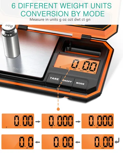 Miniatura 3 de ORIA Báscula digital de bolsillo, 17.64 oz/0.00 oz de alta precisión de gramos con peso de calibración de 1.76 oz, función de tara, 6 unidades, mini